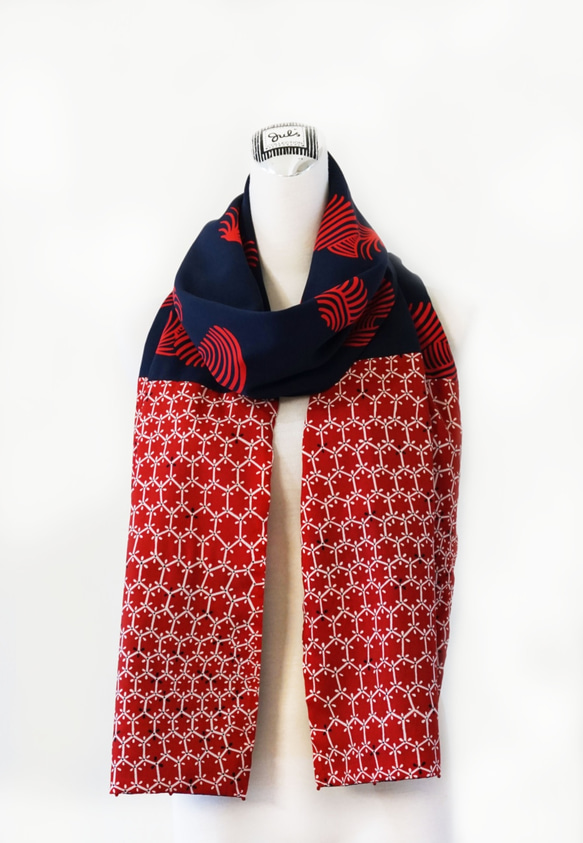 スカーフNo.223 *丸福*設計師手作日本古董毛料印花深藍紅色大圓點拼接純棉圍巾 披肩 第6張的照片