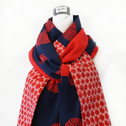 スカーフNo.223 *丸福*設計師手作日本古董毛料印花深藍紅色大圓點拼接純棉圍巾 披肩 第2張的照片