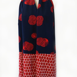 スカーフNo.223 *丸福*設計師手作日本古董毛料印花深藍紅色大圓點拼接純棉圍巾 披肩 第8張的照片