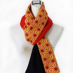 スカーフNo.232 *生命力的形狀*日本古董橘色麻葉紋黑色紅色撞色羊毛毛料圍巾 披肩 第2張的照片