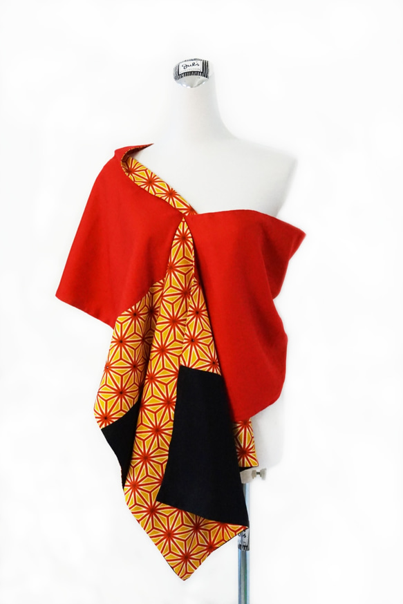 スカーフNo.232 *生命力的形狀*日本古董橘色麻葉紋黑色紅色撞色羊毛毛料圍巾 披肩 第4張的照片