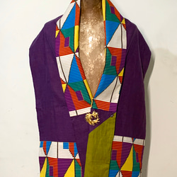 スカーフNo.247 *紫色空間*設計師純手作非洲鮮豔幾何純棉印花拼接紫色五彩琉璃珠圍巾 披肩 第4張的照片