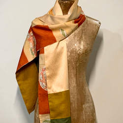 スカーフNo.252 *重生*日本古董橘色絲質立體織紋拼接傳統紋樣線球圍巾披肩 第5張的照片