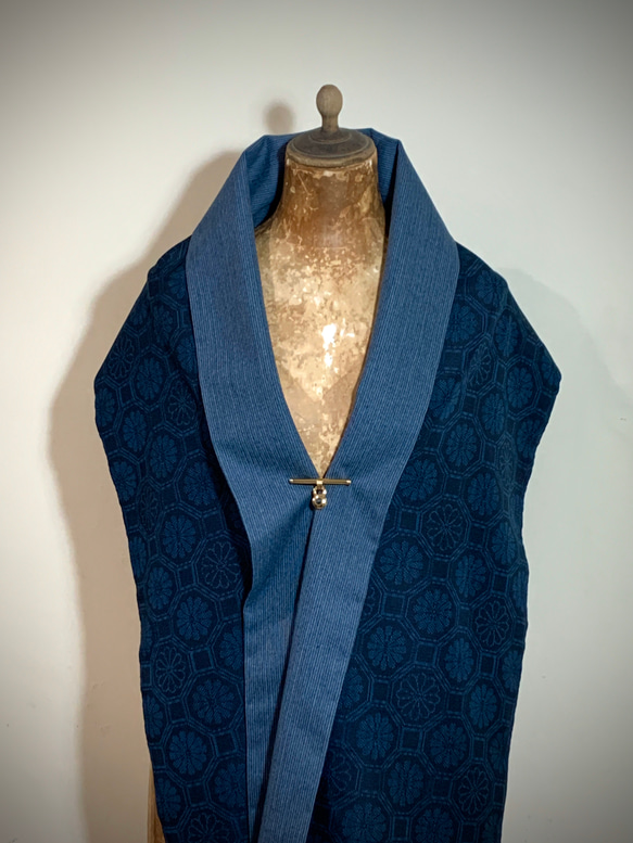 スカーフNo.254*博雅*日本古董傳統工法黑底藍色織花羊毛條紋古典優雅氣質圍巾披肩 第6張的照片