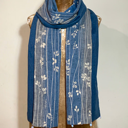 スカーフNo.255*雪之雫*日本古董藍色漸層白色植物花朵織花羊毛條紋古典優雅氣質乳白水鑽圍巾披肩 第4張的照片