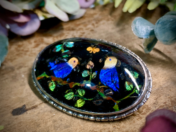 ジュールズファインディングラブ-ヴィンテージ*鳥と花*イギリスのアールデコ調のアンティークスターリングシルバーブルーの蝶の羽手作 4枚目の画像