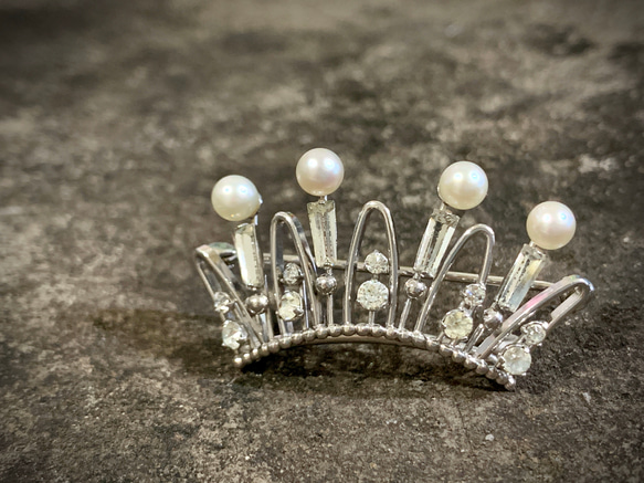 Jul’s尋愛綺夢-vintage*公主的皇冠*稀有優雅細緻天然珍珠萊茵石水鑽銀色氣質皇冠別針 胸針 第8張的照片