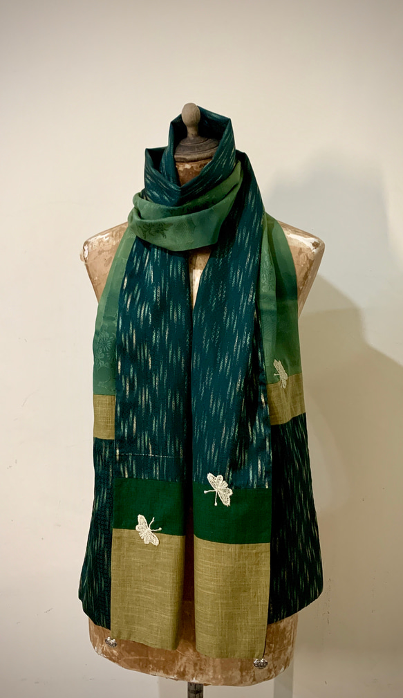 スカーフNO.260 *閒適*設計師純手作日本古董撞色綠色絲質古典紋樣織花蝴蝶圍巾 披肩 第1張的照片