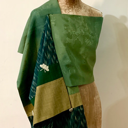 スカーフNO.260 *閒適*設計師純手作日本古董撞色綠色絲質古典紋樣織花蝴蝶圍巾 披肩 第2張的照片