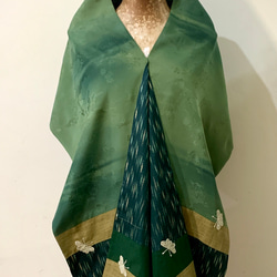 スカーフNO.260 *閒適*設計師純手作日本古董撞色綠色絲質古典紋樣織花蝴蝶圍巾 披肩 第5張的照片