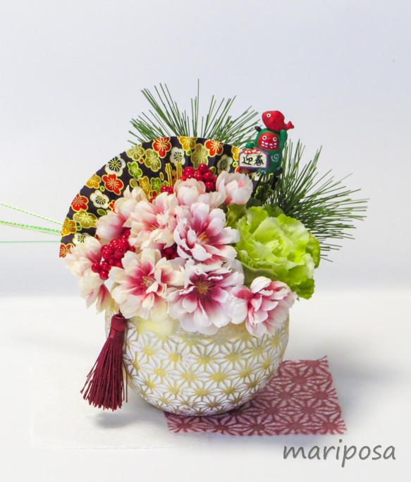 お正月お飾り花～ 2022’・山桜と獅子舞のお正月お祝いお飾り花（紅白の麻の葉和紙付き） 2枚目の画像