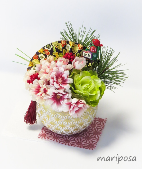 お正月お飾り花～ 2022’・山桜と獅子舞のお正月お祝いお飾り花（紅白の麻の葉和紙付き） 3枚目の画像
