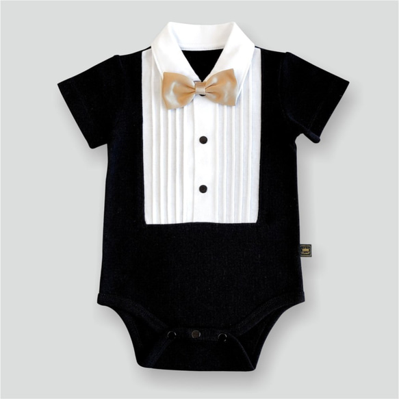 PUREST baby collection 英倫皇家領結小紳士【黑色款】襯衫式假兩件包屁衣-短袖 第2張的照片