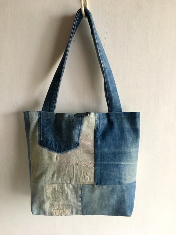 tote bag/ヴィンテージ デニムパッチワークのトートバッグ    ■tf-305 2枚目の画像