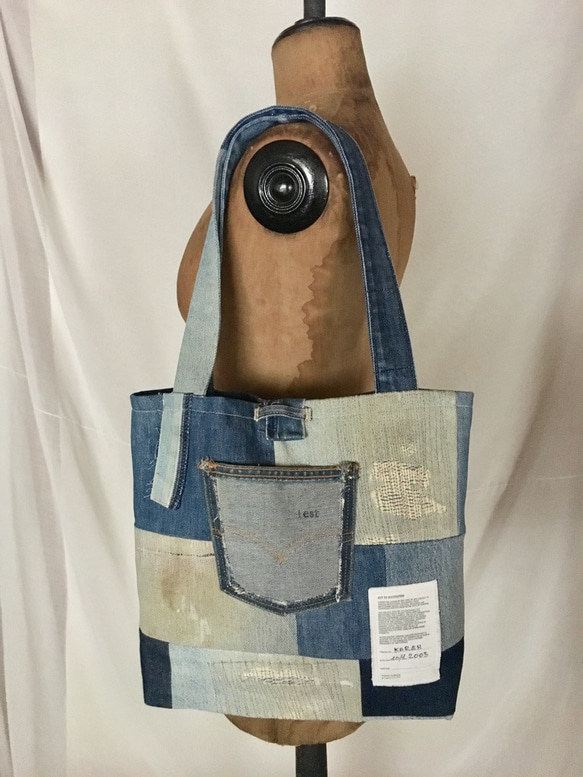 tote bag/ヴィンテージ デニムパッチワークのトートバッグ    ■tf-305 5枚目の画像
