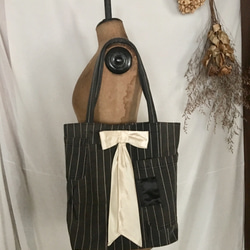 totebag /ヴィンテージ ストライプとリボンのトートバッグ    ■tf-319 1枚目の画像