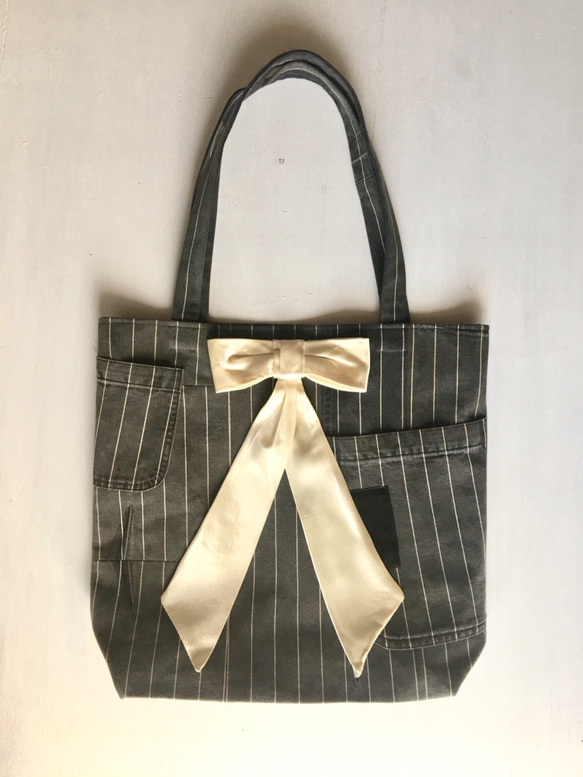 totebag /ヴィンテージ ストライプとリボンのトートバッグ    ■tf-319 2枚目の画像