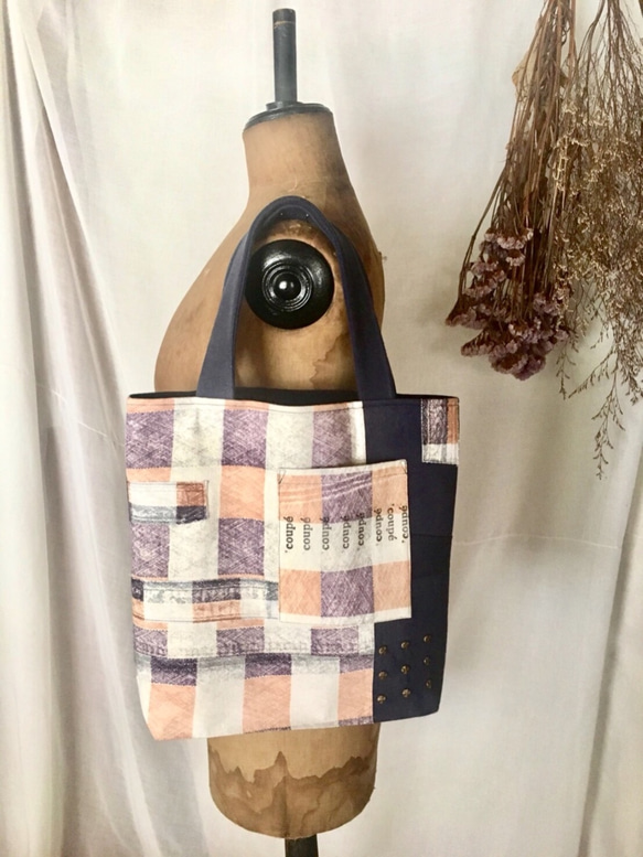 totebag /ヴィンテージ パステルカラーチェックのトートバッグ    ■tf-327 3枚目の画像