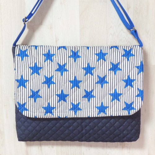 ショルダー型図書袋☆星柄ヒッコリー×紺デニムキルト 男の子 ブルー青