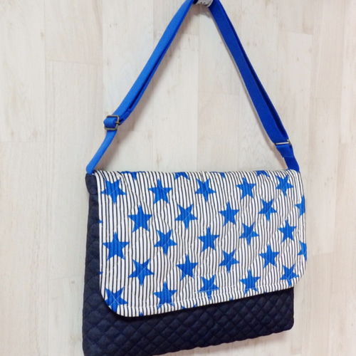 ショルダー型図書袋☆星柄ヒッコリー×紺デニムキルト 男の子 ブルー青