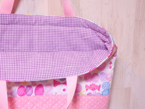 苺みるく★レッスンバッグ★ちょうちょリボン柄 女の子　ピンクドット紫　キルティングバッグ　入園入学 4枚目の画像