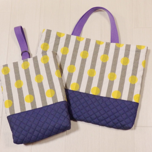 レモン☆レッスンバッグ☆水玉ストライプ×紺デニムキルト 黄色