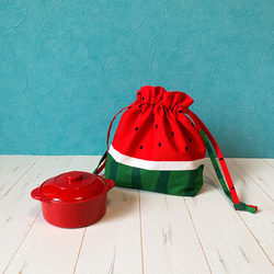 ◓スイカ柄◒インバッグやお弁当袋に･巾着袋(赤) 2枚目の画像