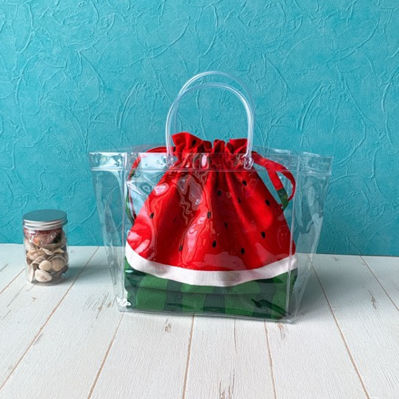 ◓スイカ柄◒インバッグやお弁当袋に･巾着袋(赤) 3枚目の画像