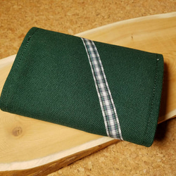帆布とチェックの緑のじゃばらカードケース 3枚目の画像