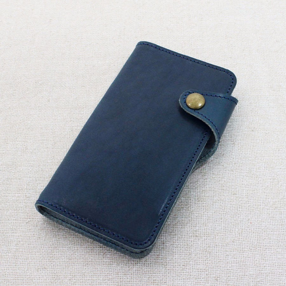 [與所有型號兼容] chi木皮革：海軍藍（皮帶型）日本縫製了豪華真皮！筆記本型智能手機套 第1張的照片