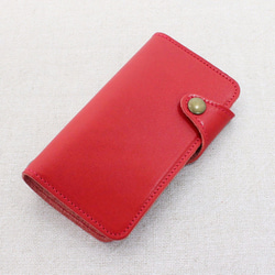 [與所有型號兼容] chi木皮革：紅色（皮帶型）日本縫製了豪華真皮！筆記本型智能手機套 第1張的照片