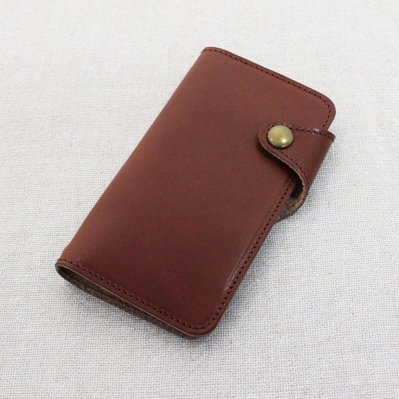 [與所有型號兼容] chi木皮革：棕色（皮帶型）豪華的真皮在日本縫製！筆記本型智能手機套 第1張的照片