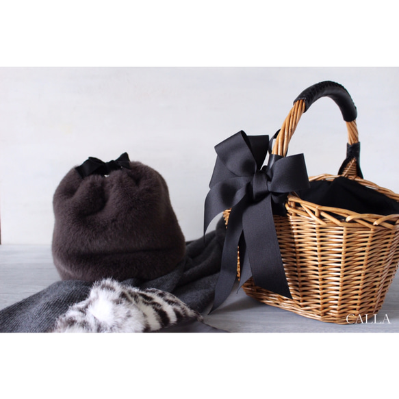 《Last1点》Onehandle Basketbag with fur pouch & ribbon 6枚目の画像