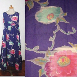 sold out青紫＆ピンクのダリアが可愛いお召しチュニックワンピース裾変形・着物リメイク 1枚目の画像