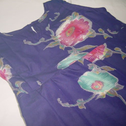 sold out青紫＆ピンクのダリアが可愛いお召しチュニックワンピース裾変形・着物リメイク 4枚目の画像