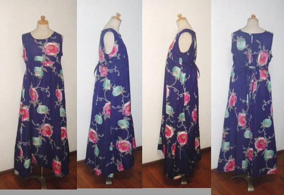 sold out青紫＆ピンクのダリアが可愛いお召しチュニックワンピース裾変形・着物リメイク 5枚目の画像