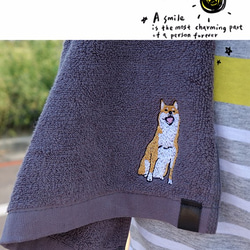 柴犬刺繡純棉紫灰色毛巾 第2張的照片