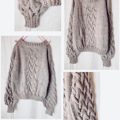 美品✨45R ケーブル編みリネンセーター プルオーバー ベージュ 日本製 模様編みセーター/縄編み/ケーブル編み/ハンドニット☆グレージュ