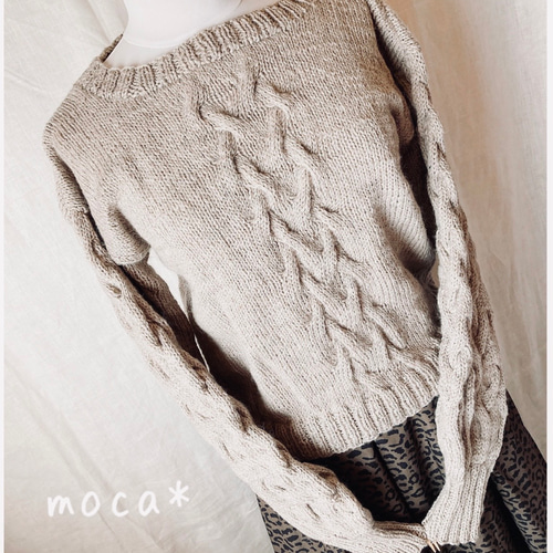 模様編みセーター/縄編み/ケーブル編み/ハンドニット☆グレージュ