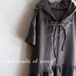 [訂購生產/再次上架] Himoribon連帽連衣裙亞麻★炭灰色前短袖 第1張的照片