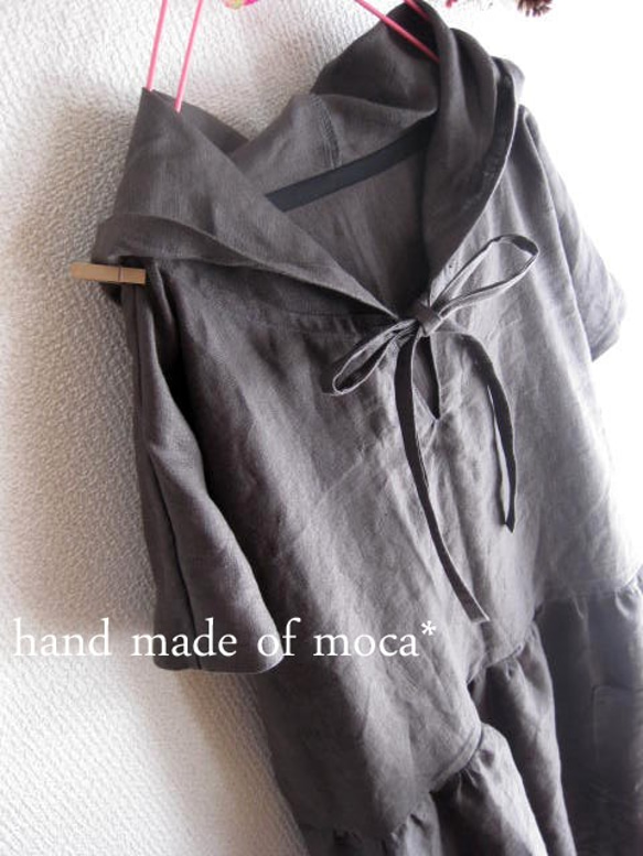 [訂購生產/再次上架] Himoribon連帽連衣裙亞麻★炭灰色前短袖 第2張的照片
