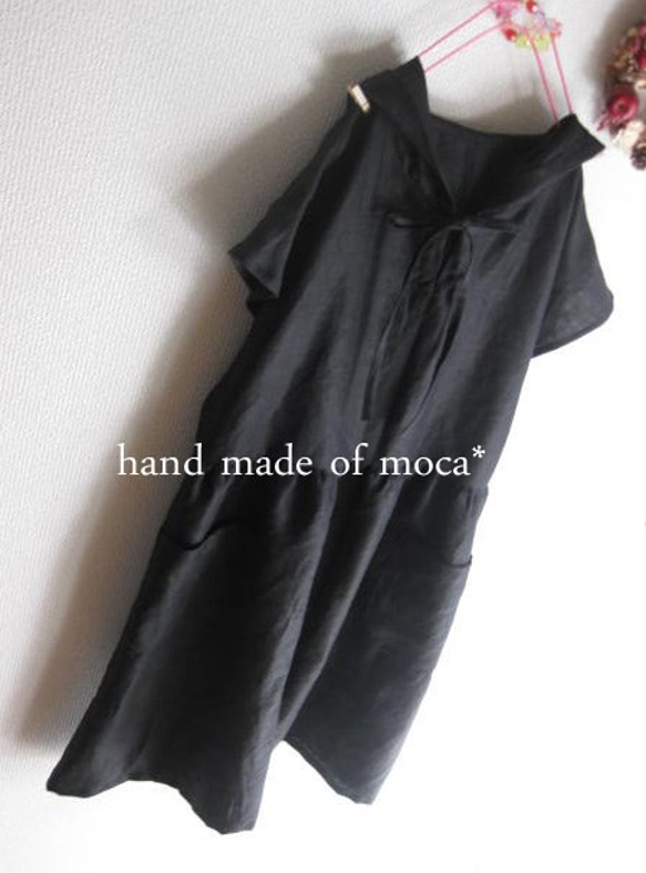 [訂購生產/再次上架] Himoribon連帽連衣裙亞麻★黑色前短袖 第2張的照片