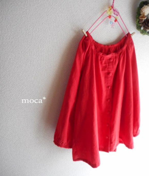 [訂購生產/再出售]棉亞麻插肩袖寬鬆的短上衣開襟★紅 第1張的照片