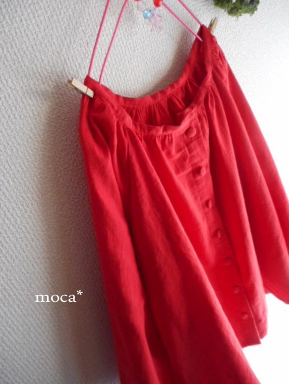 [訂購生產/再出售]棉亞麻插肩袖寬鬆的短上衣開襟★紅 第2張的照片