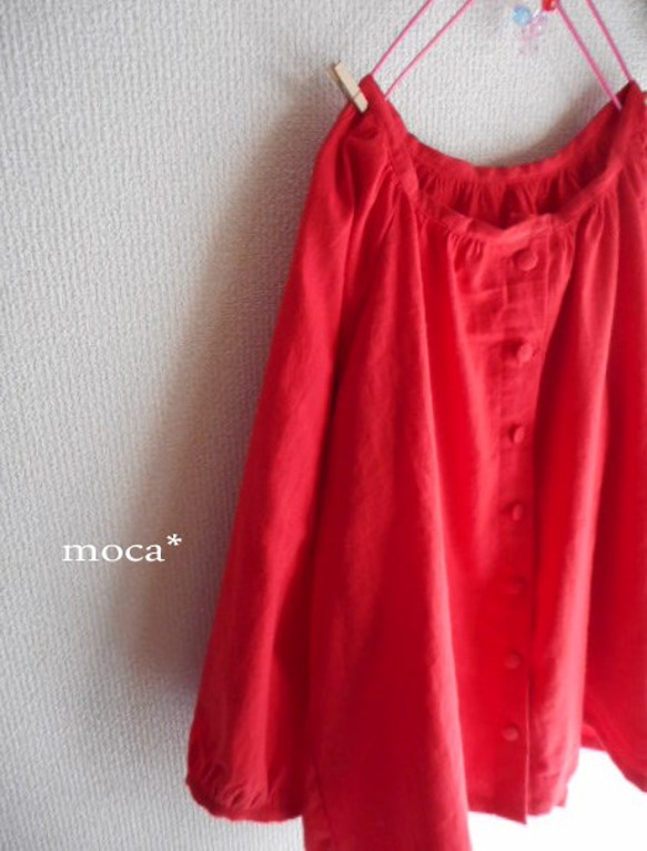[訂購生產/再出售]棉亞麻插肩袖寬鬆的短上衣開襟★紅 第3張的照片