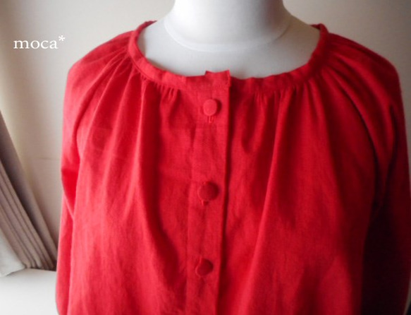 [訂購生產/再出售]棉亞麻插肩袖寬鬆的短上衣開襟★紅 第8張的照片