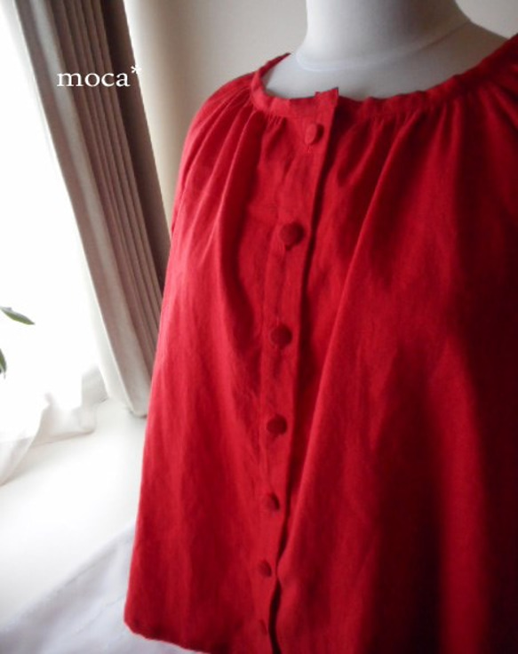 [訂購生產/再出售]棉亞麻插肩袖寬鬆的短上衣開襟★紅 第9張的照片