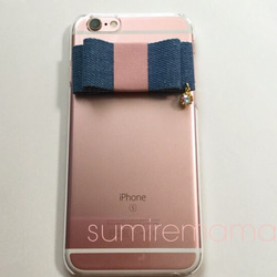 iPhone6/6s/6plus/6splus対応 デニムリボン♡チャーム付きスマホケース 1枚目の画像