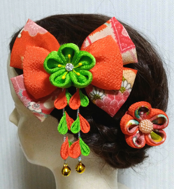 つまみ細工髪飾り リボンオレンジ黄緑 成人式髪飾り 卒業式髪飾り  