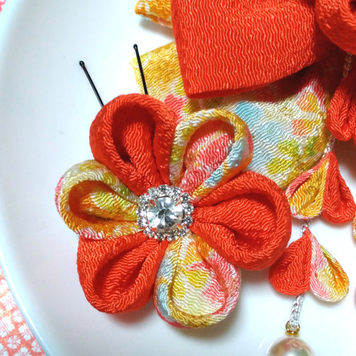 髪飾りオレンジ リボンオレンジ 成人式髪飾り 卒業式髪飾り 七五三髪  